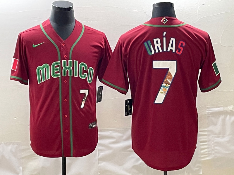 Men's Mexico Baseball #7 Julio Urías 2023 Red World Baseball Classic Stitched Jersey